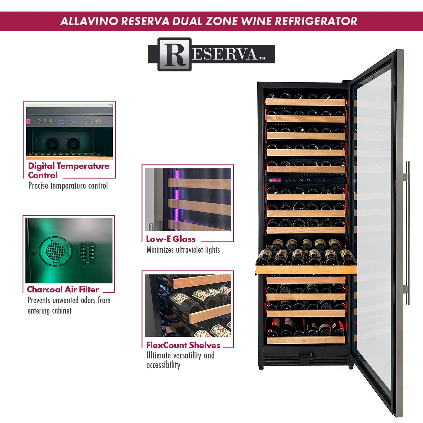 Allavino Reserva Series 317 Bottle 71-Inch Tall Three Zone Stainless Steel Side-by-Side Wine Refrigerator
