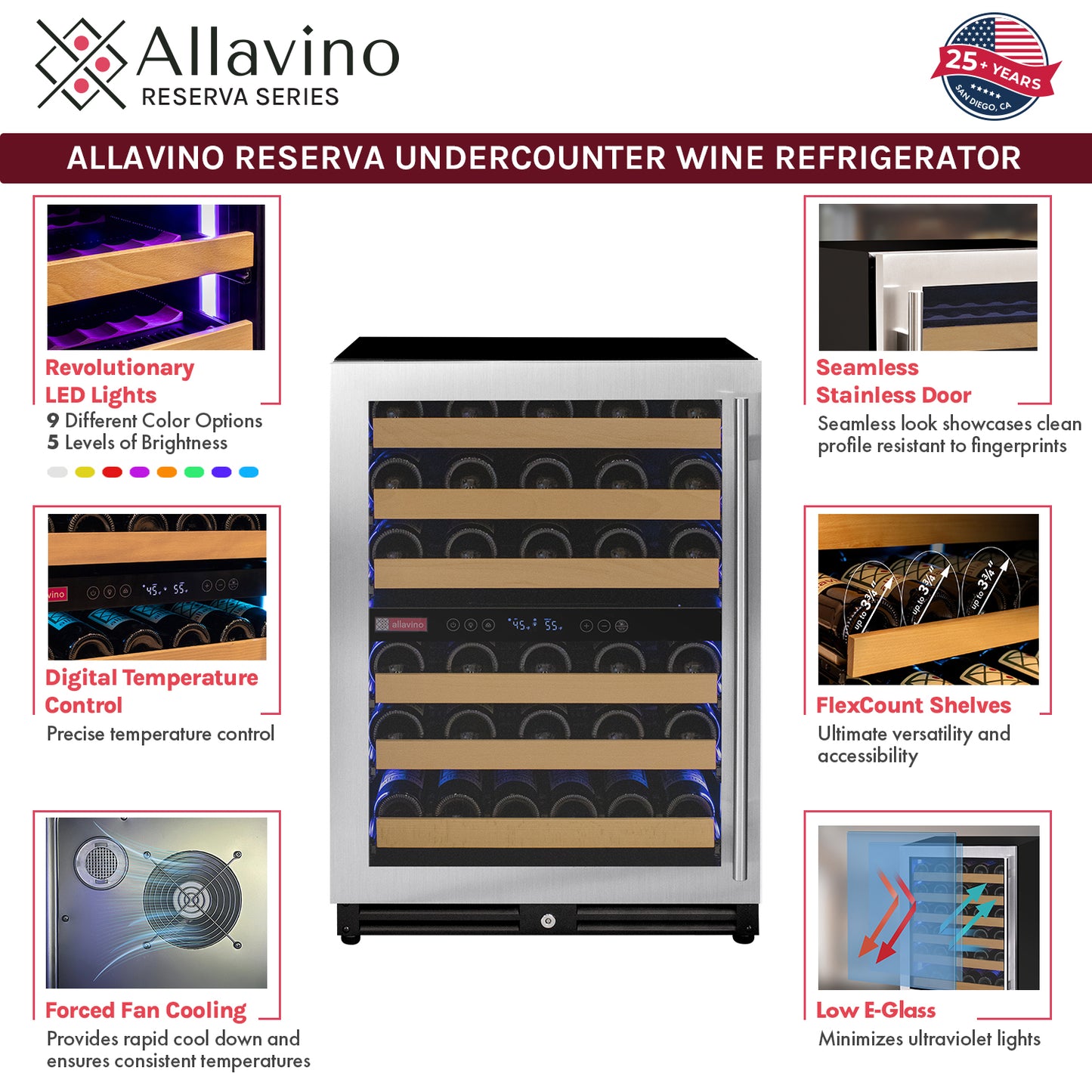 Allavino Reserva Series 51 Bottle Dual Zone Undercounter Wine Refrigerator Cooler with Stainless Steel Door - Left Hinge