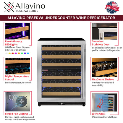 Allavino Reserva Series 51 Bottle Dual Zone Undercounter Wine Refrigerator Cooler with Stainless Steel Door - Left Hinge