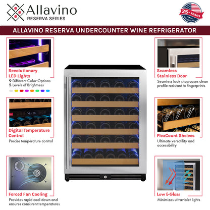 Allavino Reserva Series 51 Bottle Single Zone Built-in Luxury Wine Refrigerator with Stainless Steel Door - Right Hinge