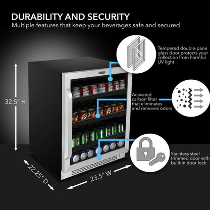 Whynter BBR-148SB 24 inch Built-In 140 Can Undercounter Stainless Steel Beverage Refrigerator cooler with Reversible Door, Digital Control, Lock and Carbon Filter