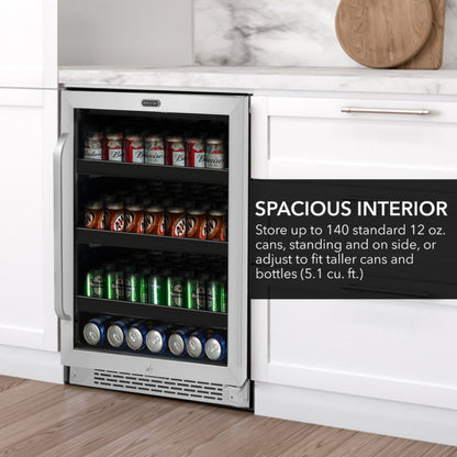 Whynter BBR-148SB 24 inch Built-In 140 Can Undercounter Stainless Steel Beverage Refrigerator cooler with Reversible Door, Digital Control, Lock and Carbon Filter