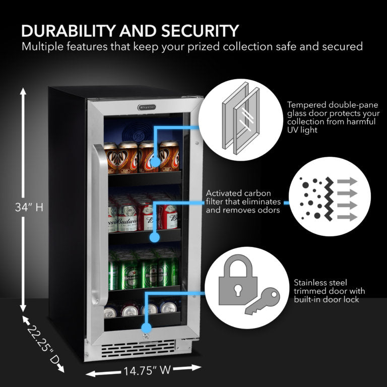 Whynter BBR-838SB 15 inch Built-In 80 Can Undercounter Stainless Steel Beverage Refrigerator cooler with Reversible Door, Digital Control, Lock and Carbon Filter