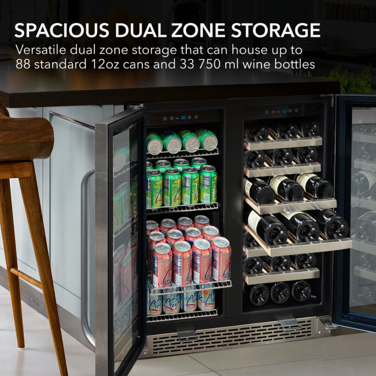 Whynter BWB-3388FDS/BWB-3388FDSa 30″ Built-In French Door Dual Zone 33 Bottle Wine Refrigerator 88 Can Beverage Center