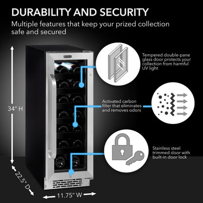 Whynter BWR-208SB 12 inch Built-In 20 Bottle Undercounter Stainless Steel Wine Refrigerator with Reversible Door, Digital Control, Lock and Carbon Filter