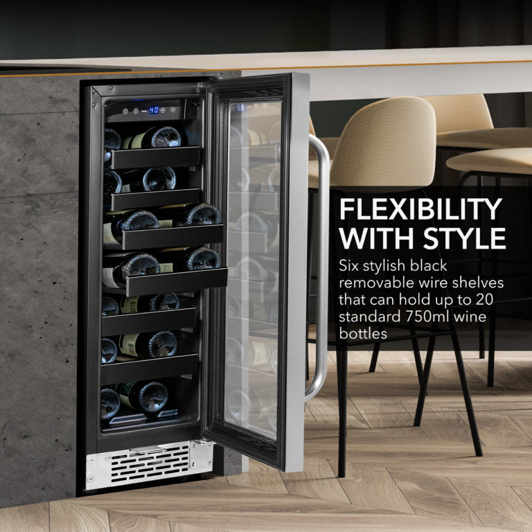 Whynter BWR-208SB 12 inch Built-In 20 Bottle Undercounter Stainless Steel Wine Refrigerator with Reversible Door, Digital Control, Lock and Carbon Filter