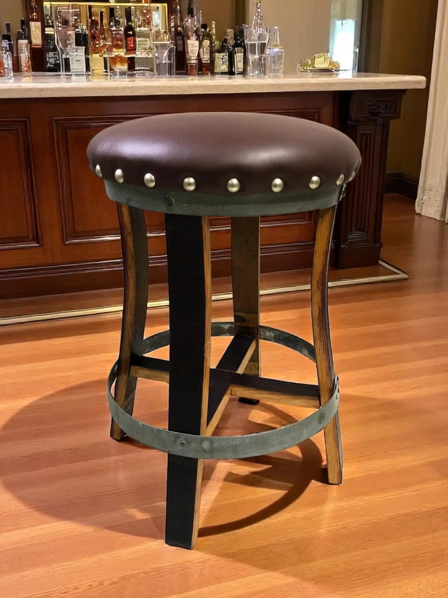 Whiskey & Wine Barrel Stool — Memory Foam, Brown Upholstery