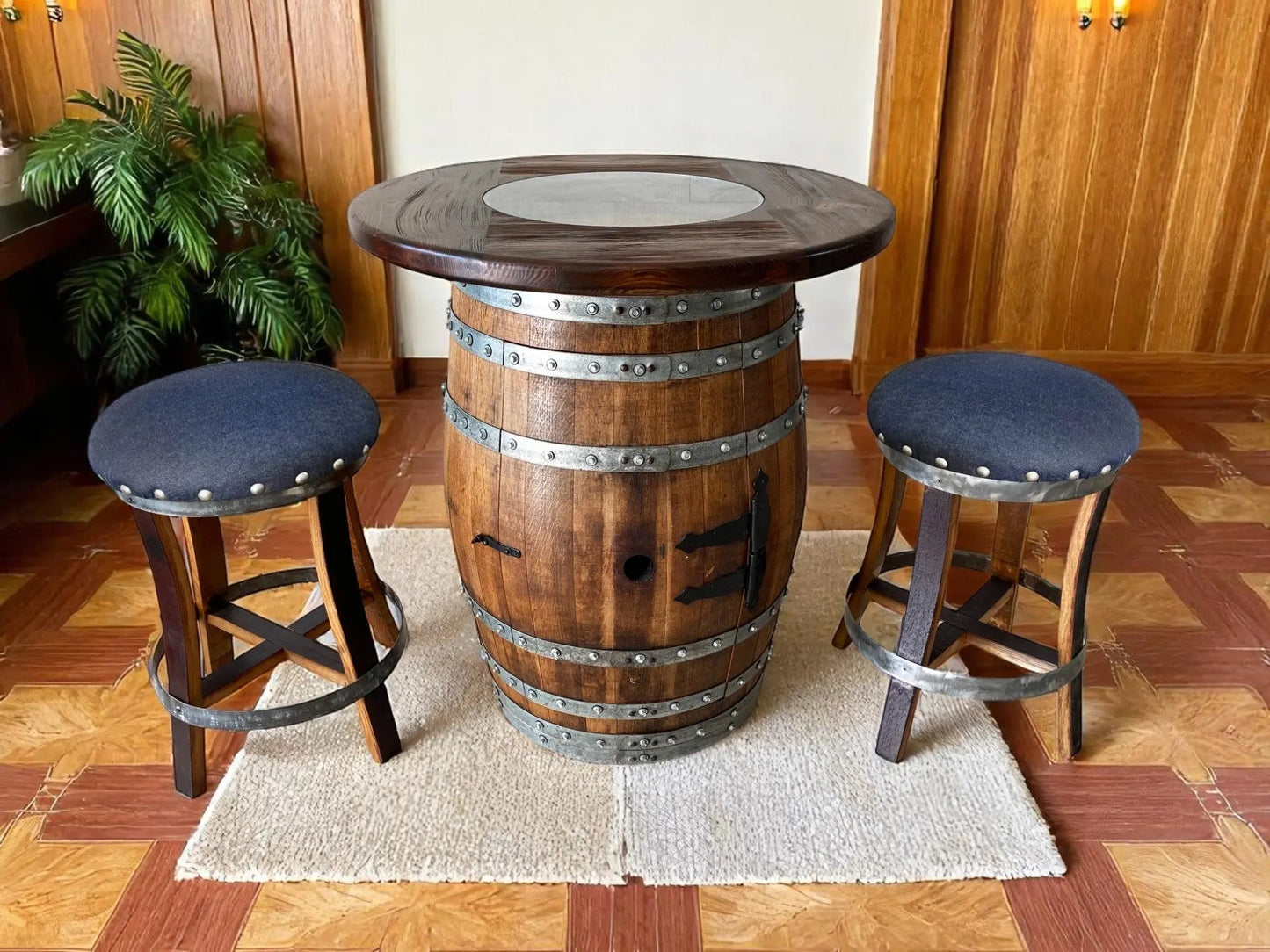 Whiskey & Wine Barrel Stool — Memory Foam, Dark Navy Blue Upholstery