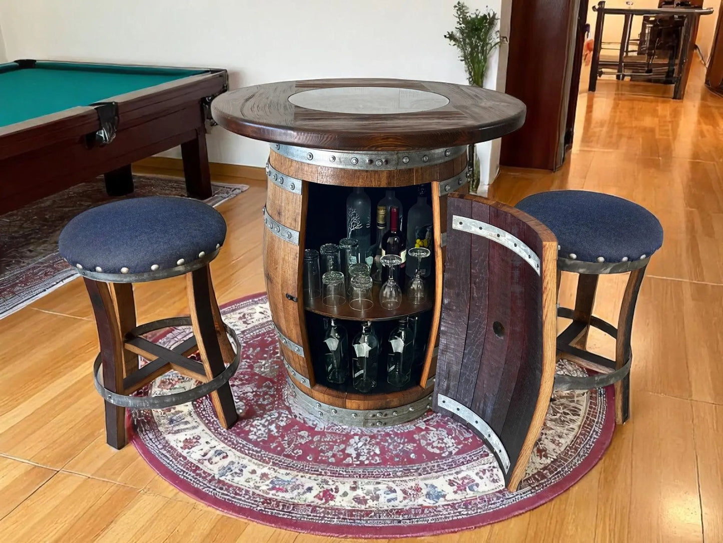 Whiskey & Wine Barrel Stool — Memory Foam, Dark Navy Blue Upholstery