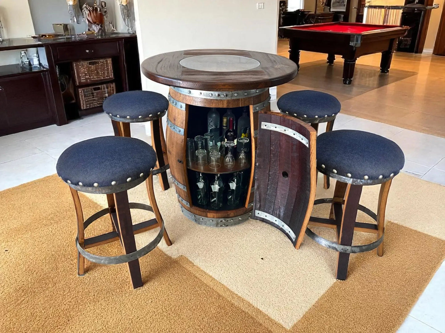 Whiskey & Wine Barrel Stool — Memory Foam, Dark Navy Blue Upholstery
