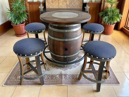 Whiskey & Wine Barrel Bistro Pub Set — 4 Stools, Glass Top, Foot Rail