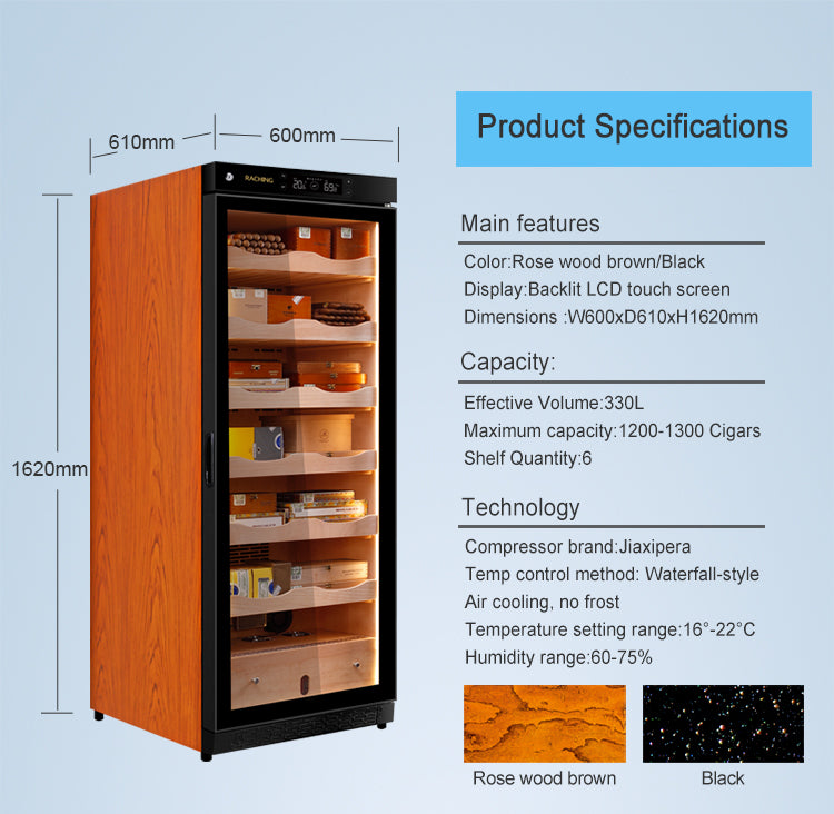Raching C330A Precision Climate-Controlled Cigar Humidor Cabinet – Black with Canada Cedar Wood | 1500 Cigar Capacity