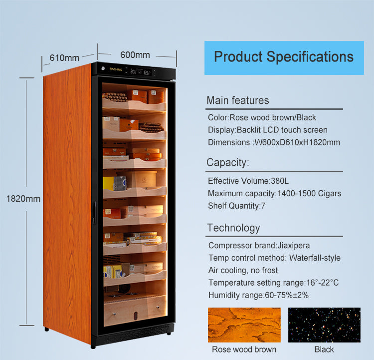 Raching C380A Precision Climate-Controlled Cigar Humidor Cabinet – Black with Canada Cedar Wood | 2000 Cigar Capacity