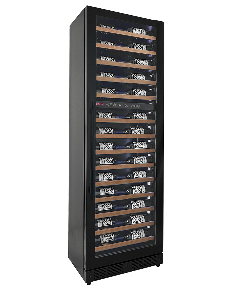 Allavino Reserva Series 67 Bottle 71" Tall Dual Zone Right Hinge Black Shallow Wine Refrigerator with Wood Shelf Fronts