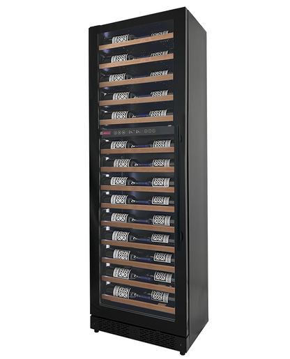 Allavino Reserva Series 67 Bottle 71" Tall Dual Zone Left Hinge Black Shallow Wine Refrigerator with Wood Front Shelves