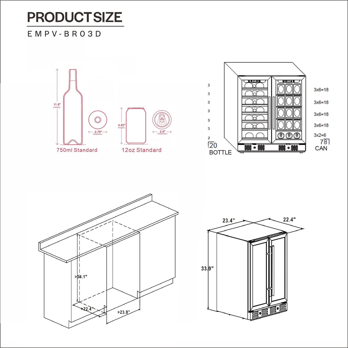Empava 24" Dual Zone Wine and Beer Fridge Beverage Cooler
