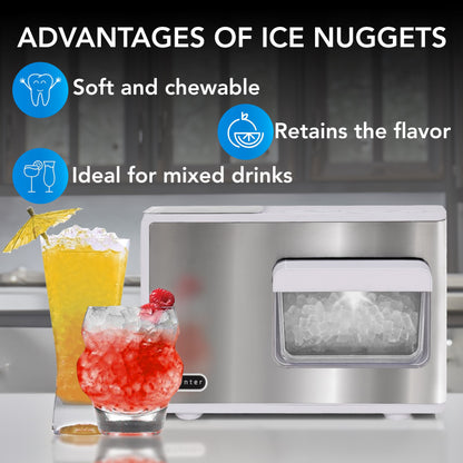 Whynter IBX-388WS SonicSnö Countertop Nugget Ice Maker 40lbs/24hrs with Removable Ice Drawer, Chewable Pebble/Sonic Type Ice in Silver and White Stainless Steel Finish