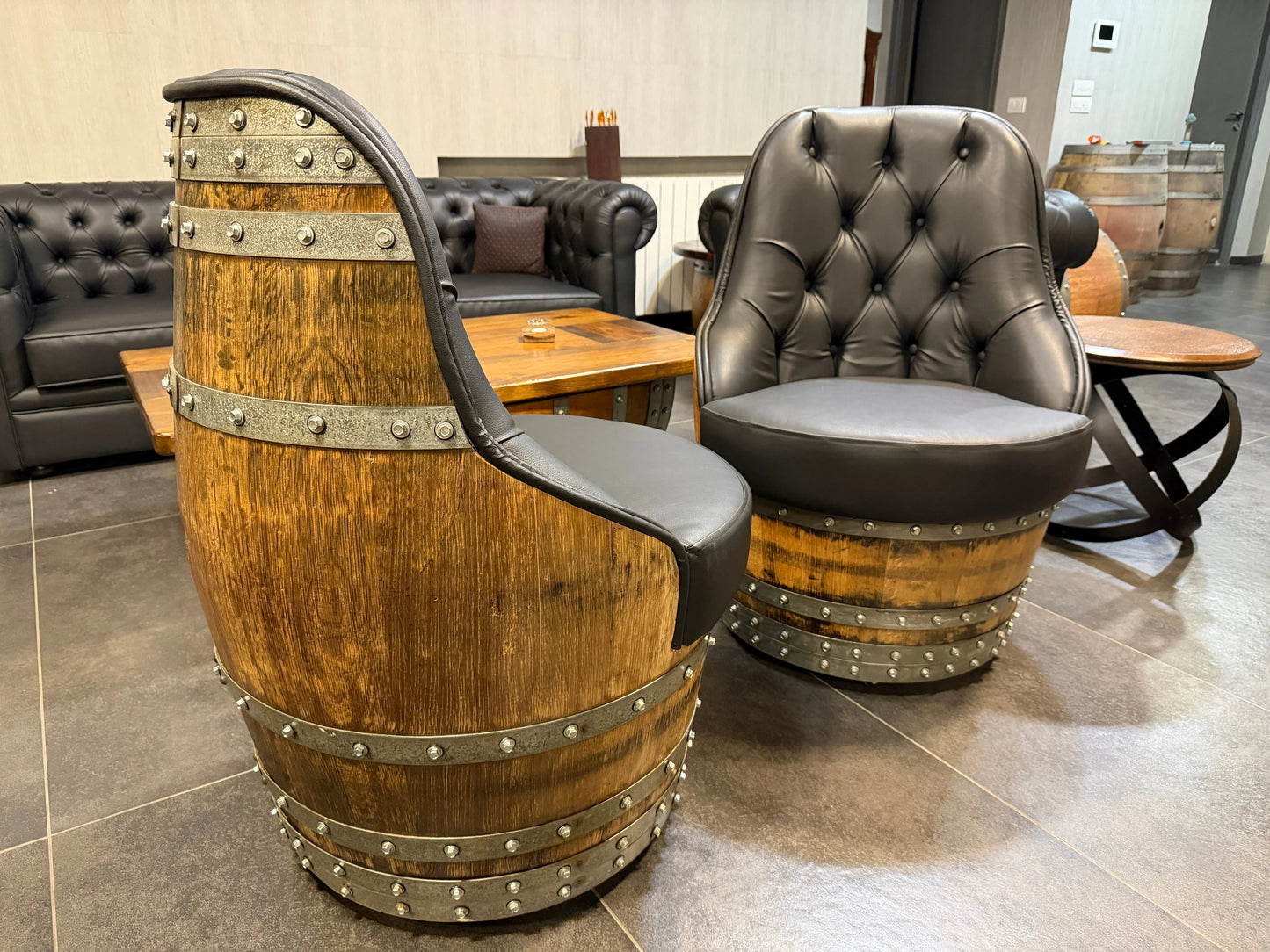 Luxury Whiskey & Wine Barrel Captain Chair — Memory Foam, Brown Upholstery (October Pre-Order)