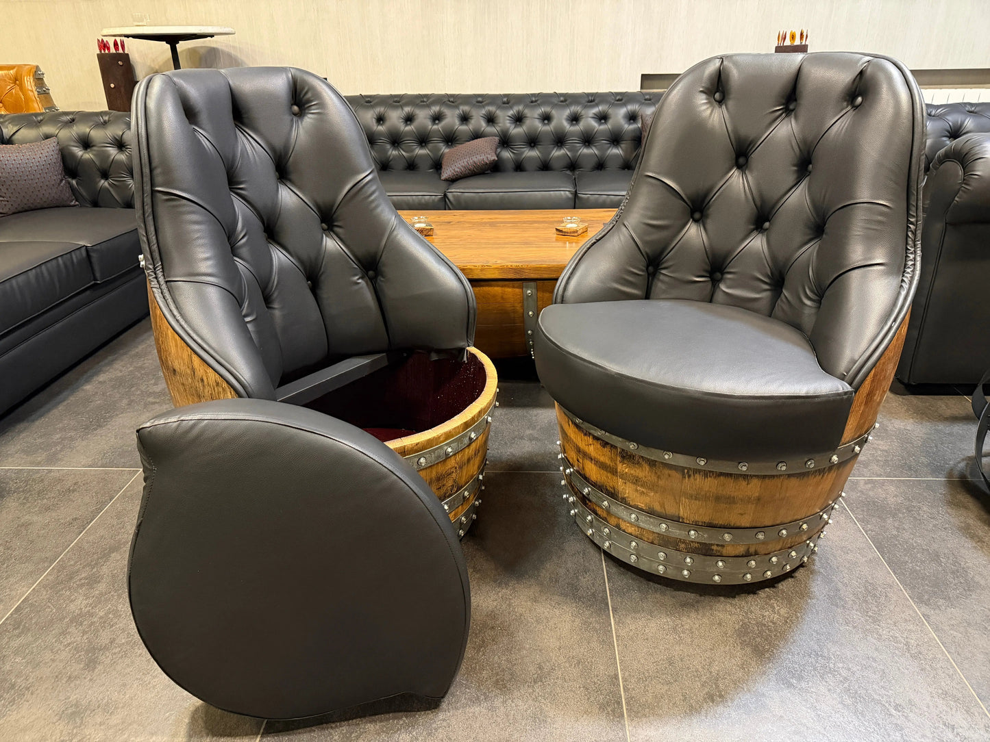 Luxury Whiskey & Wine Barrel Captain Chair — Memory Foam, Brown Upholstery (October Pre-Order)