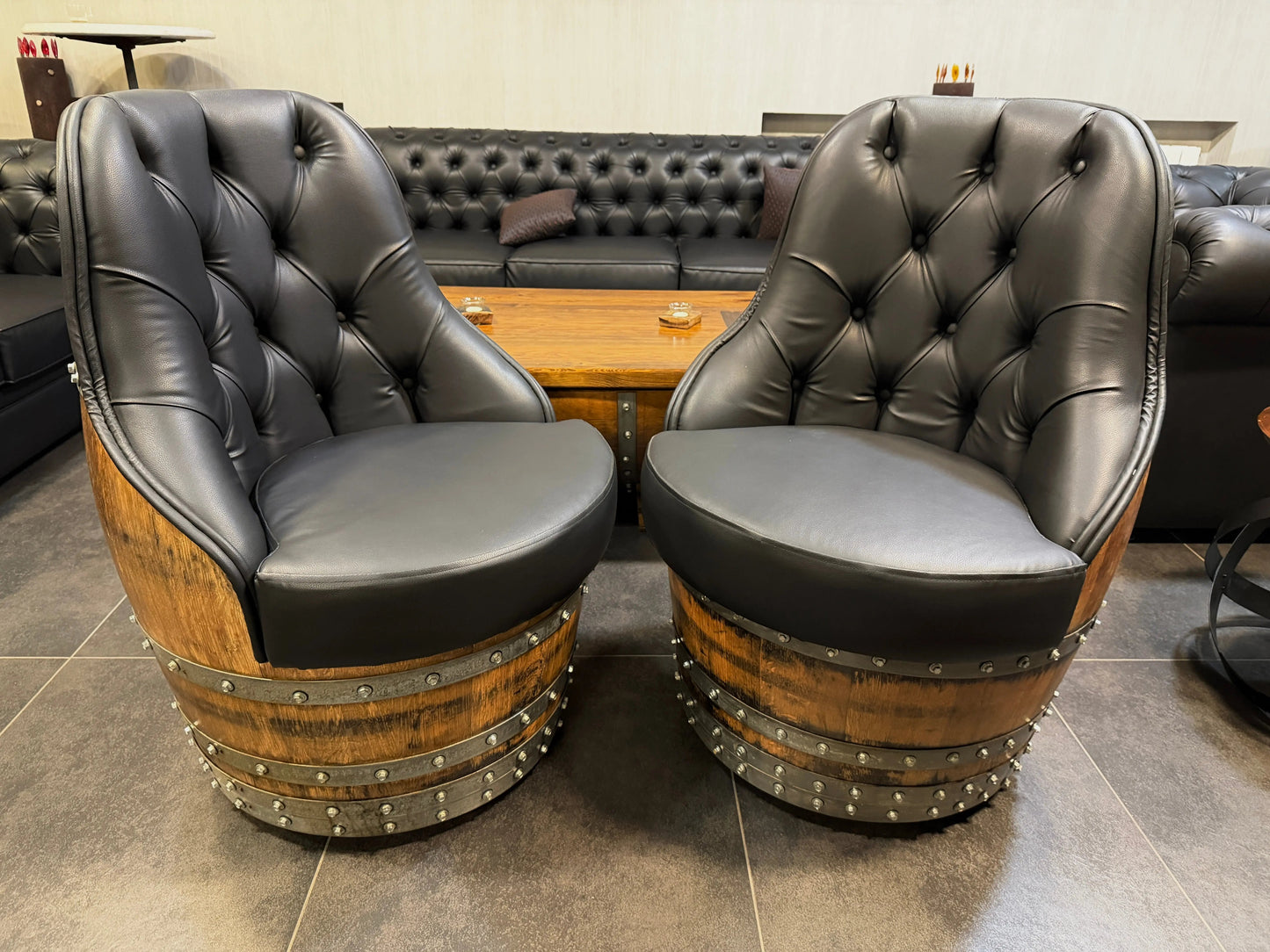 Luxury Whiskey & Wine Barrel Captain Chair — Memory Foam, Brown Upholstery (October Pre-Order)