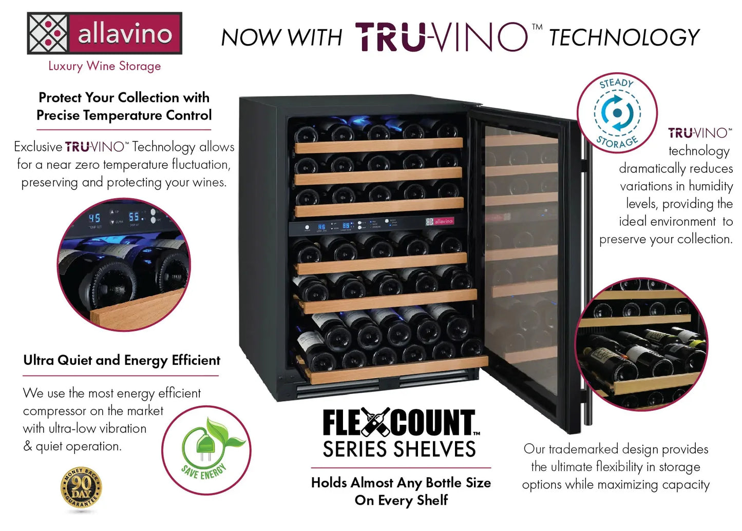 Allavino FlexCount Series 56 Bottle Dual Zone Built-in Wine Cooler Refrigerator with Black Door - Right Hinge