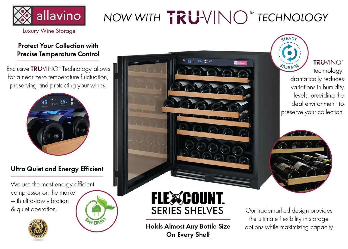 Allavino 24" Wide FlexCount II Tru-Vino 56 Bottle Single Zone Black Left Hinge Wine Refrigerator