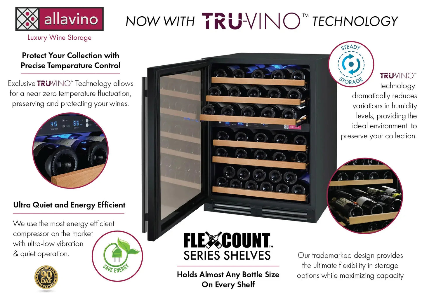 Allavino 24" Wide FlexCount II Tru-Vino 56 Bottle Dual Zone Black Left Hinge Wine Refrigerator