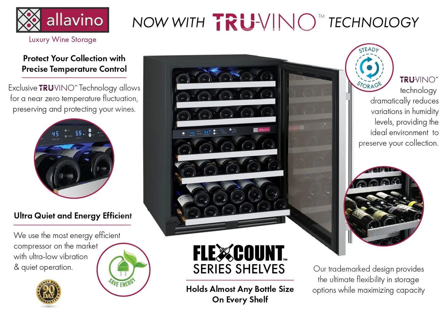 Allavino FlexCount Series 56 Bottle Dual Zone Built-In Wine Refrigerator with Stainless Steel Door - Right Hinge