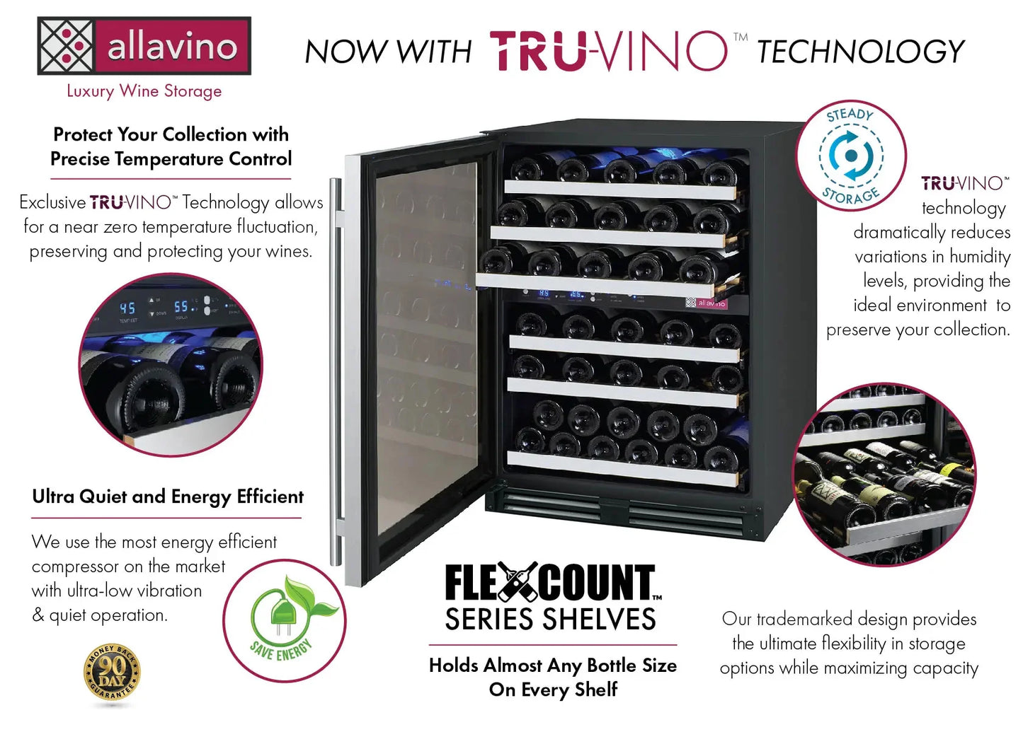 Allavino 24" Wide FlexCount II Tru Vino 56 Bottle Dual Zone Stainless Steel Left Hinge Wine Refrigerator