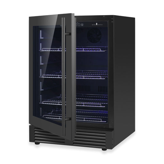 KingsBottle 24 Inch Under Counter LOW-E Glass Door Beer Fridge Borderless Black Glass Door with Left Hand Hinge