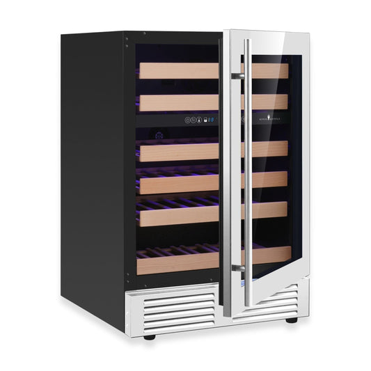 KingsBottle 24-Inch Under-Counter Dual Zone Wine Cooler with Low-E Glass Door With Stainless Steel Trim Left Hand Hinge