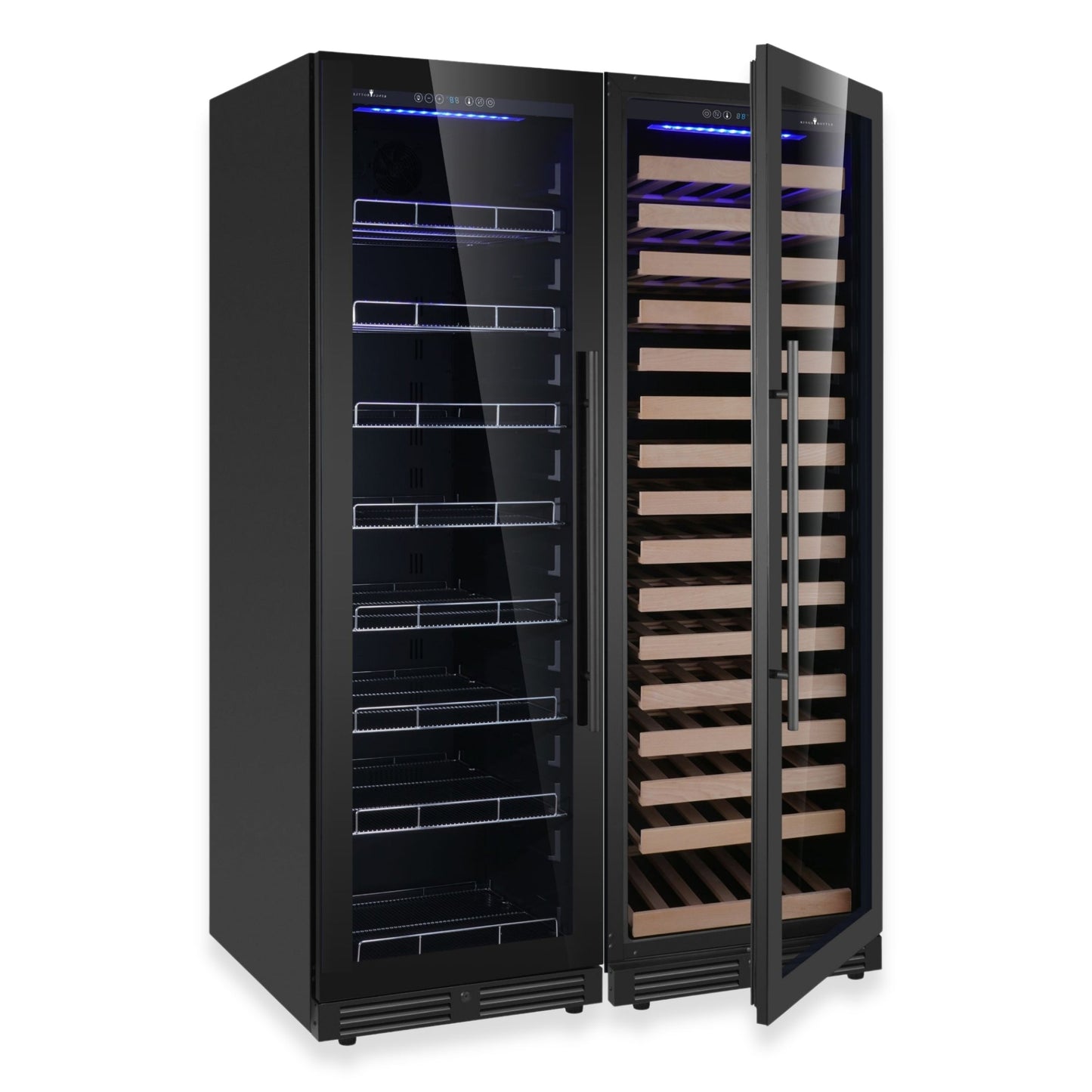 KingsBottle Ultimate Wine & Beverage Upright Refrigerator Combo with Low-E Borderless Black Glass door