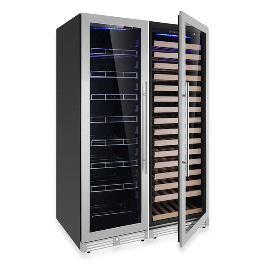 KingsBottle Ultimate Wine & Beverage Upright Refrigerator Combo with Low-E Borderless Black Glass door