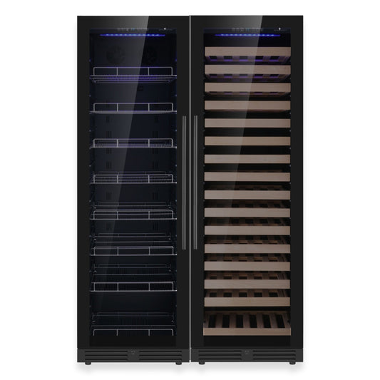 KingsBottle Ultimate Wine & Beverage Upright Refrigerator Combo with Low-E Borderless Black Glass door