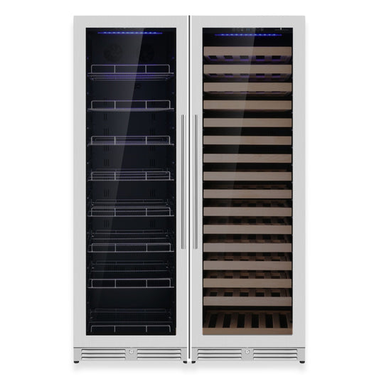 KingsBottle Ultimate Wine & Beverage Upright Refrigerator Combo with Low-E Borderless Black Glass door