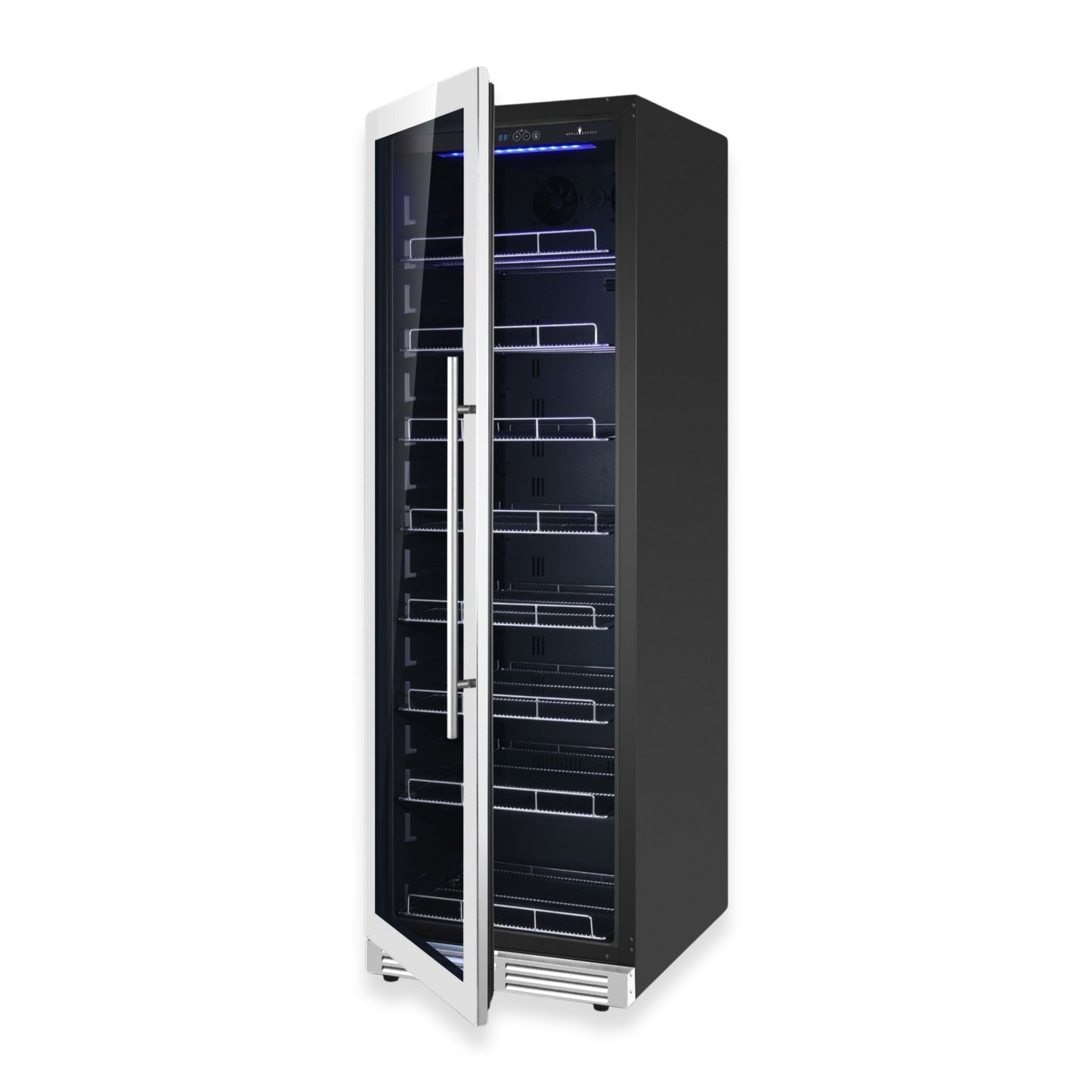 KingsBottle Large Beverage Refrigerator With Low-E Glass Door With Stainless Steel Trim Left Hand Hinge