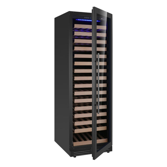 KingsBottle Upright Single Zone Large Wine Cooler With Low-Glass Door With Stainless Steel Trim  Left Hand Hinge