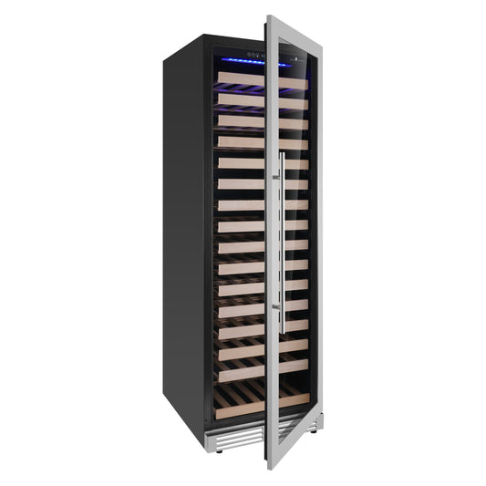 KingsBottle Upright Single Zone Large Wine Cooler With Low-Glass Door With Stainless Steel Trim  Left Hand Hinge