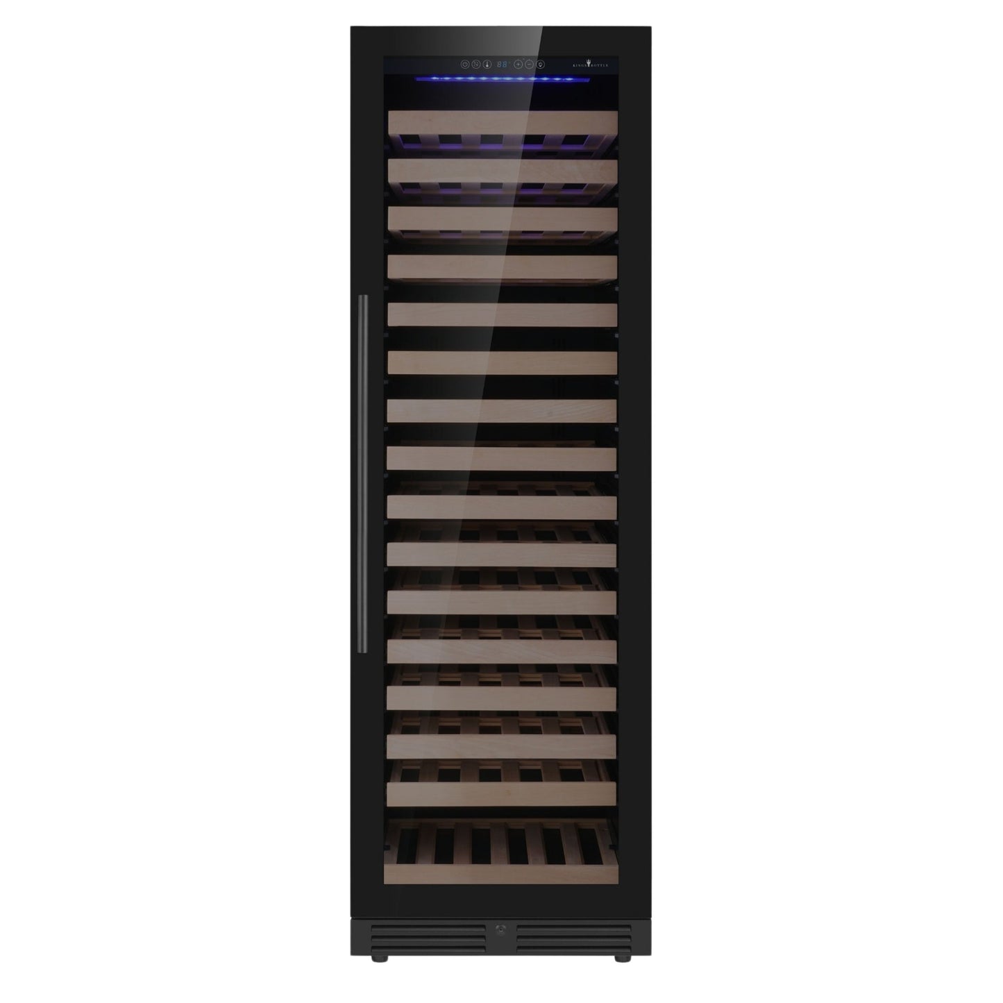 KingsBottle Upright Single Zone Large Wine Cooler With Low-E Glass Door With Stainless Steel Trim  Left Hand Hinge