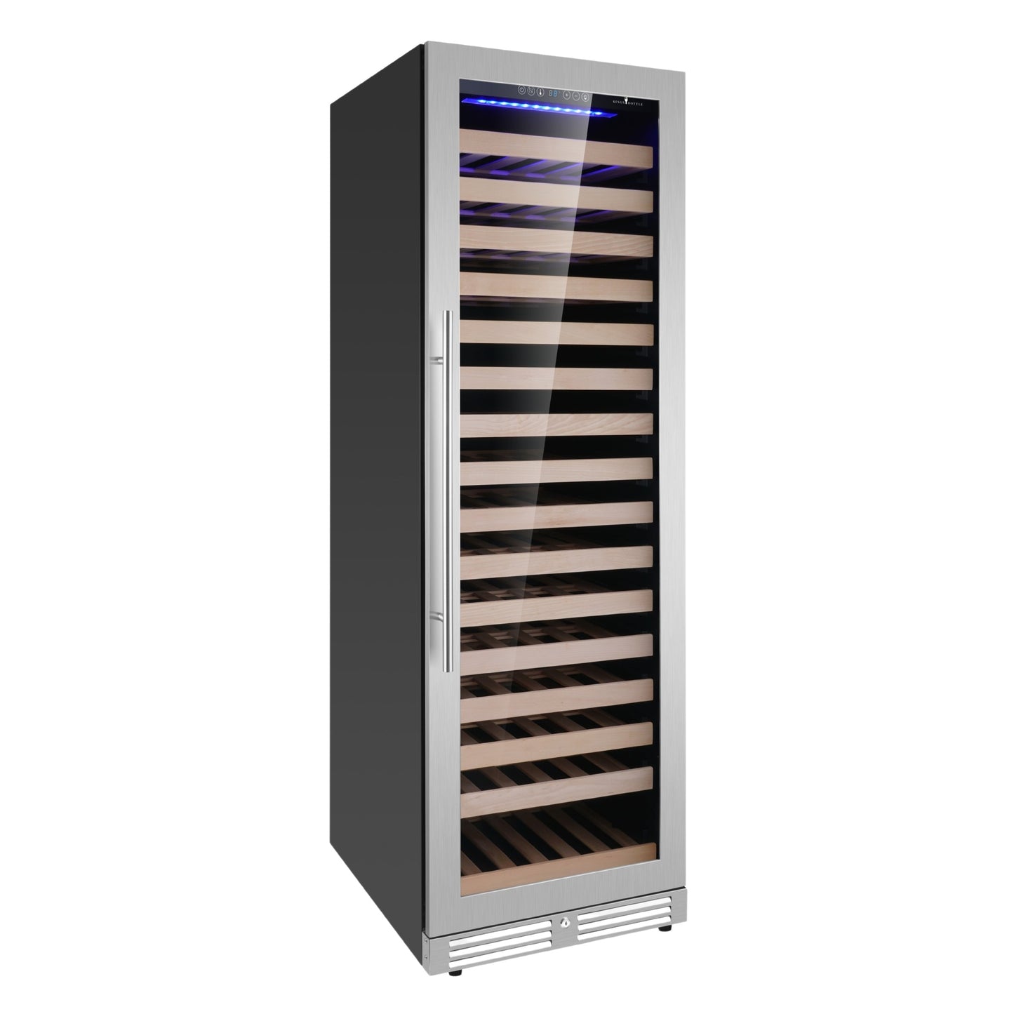 KingsBottle Upright Single Zone Large Wine Cooler With Low-E Glass Door With Stainless Steel Trim  Left Hand Hinge