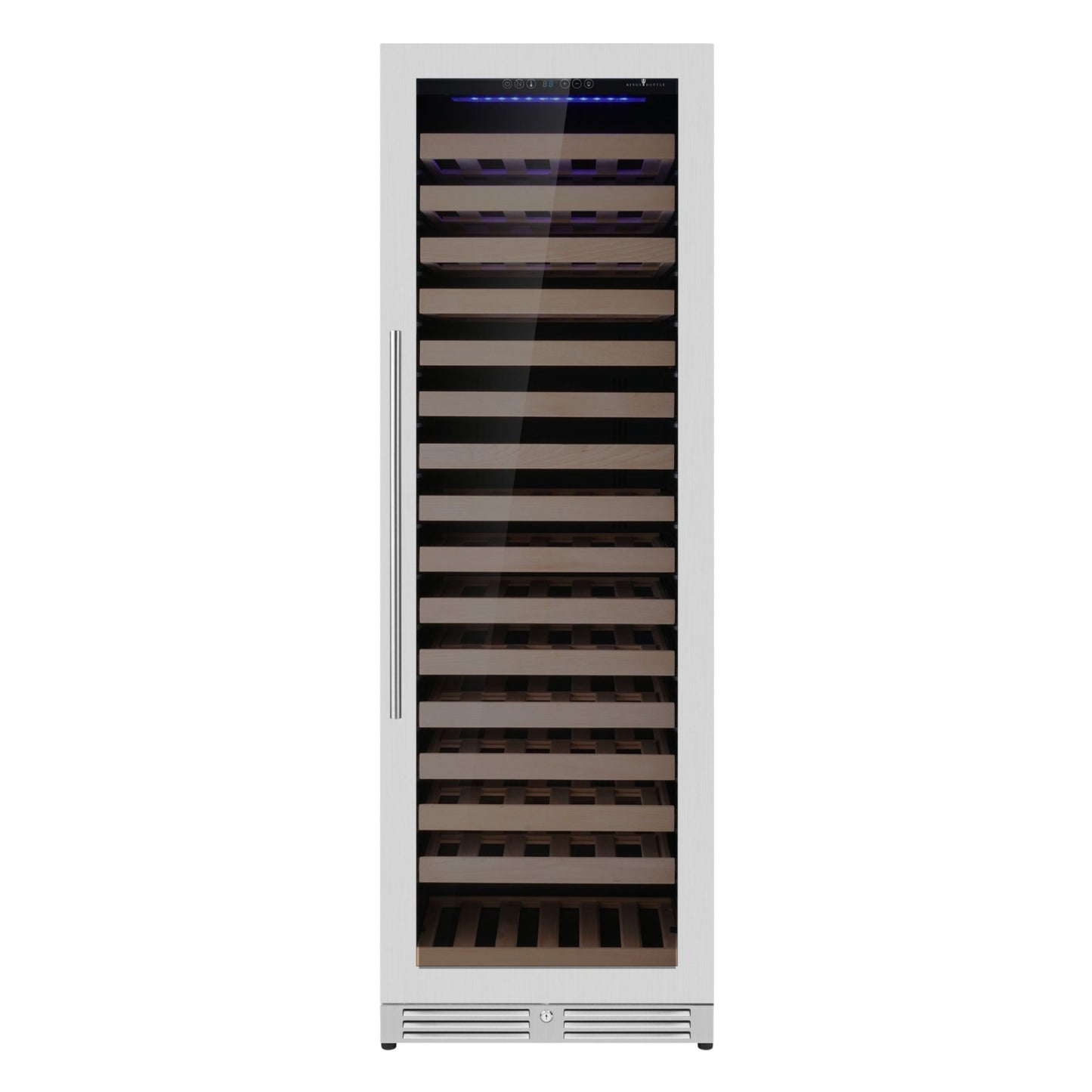 KingsBottle Upright Single Zone Large Wine Cooler With Low-Glass Door With Stainless Steel Trim  Left Hand Hinge