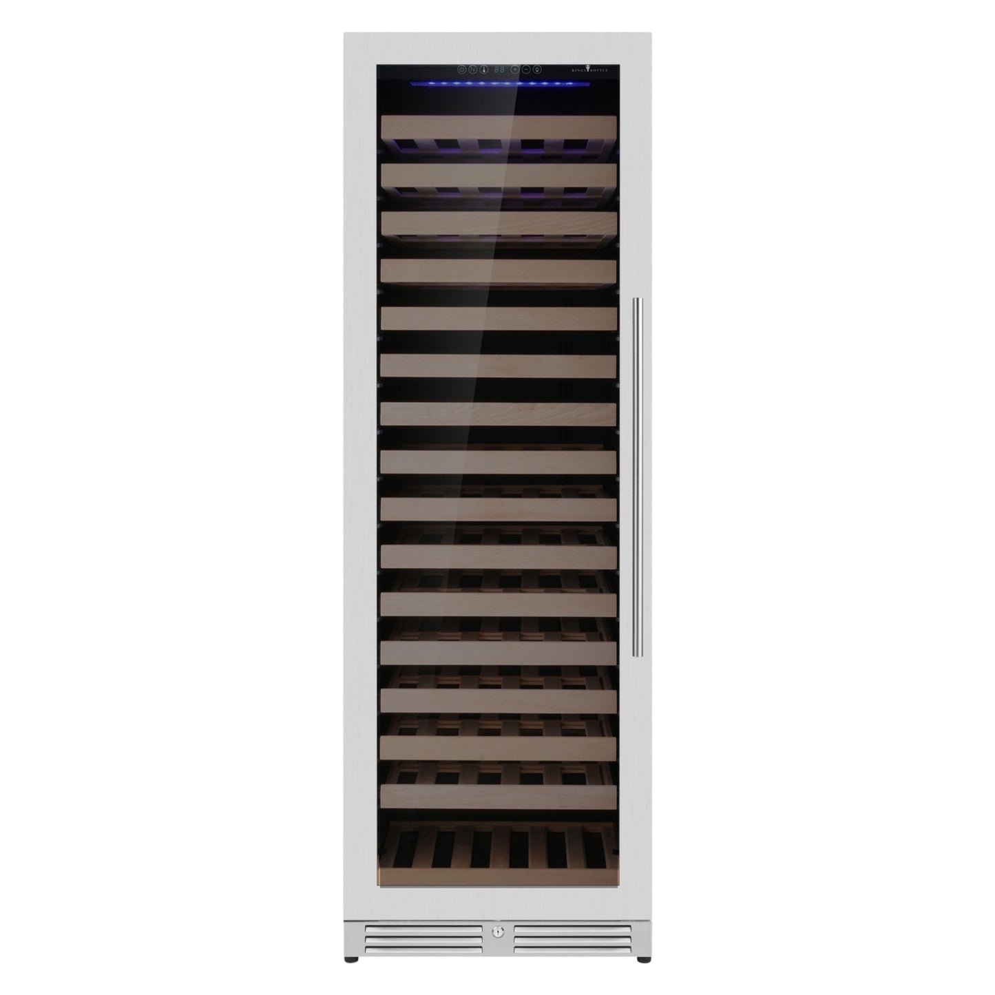 KingsBottle Upright Single Zone Large Wine Cooler With Low-E Glass Door With Stainless Steel Trim  Left Hand Hinge
