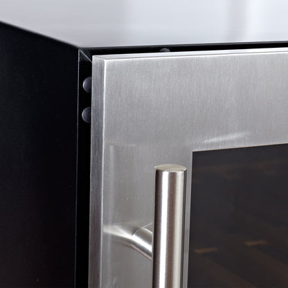 KingsBottle Upright Single Zone Large Wine Cooler With Low-E Glass Door With Stainless Steel Trim  Left Hand Hinge