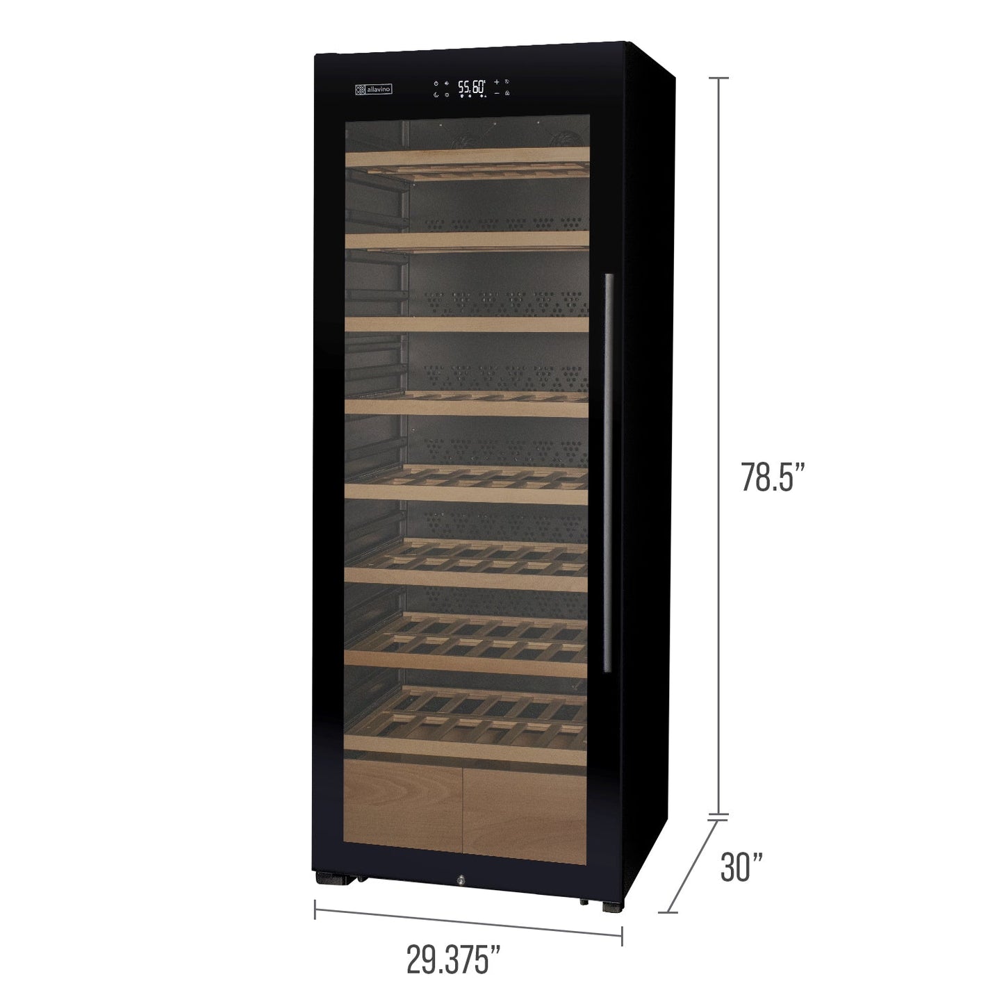 Allavino 29" Wide 248 Bottle Single Zone Black Glass Left Hinge Wine Refrigerator with Display Shelving