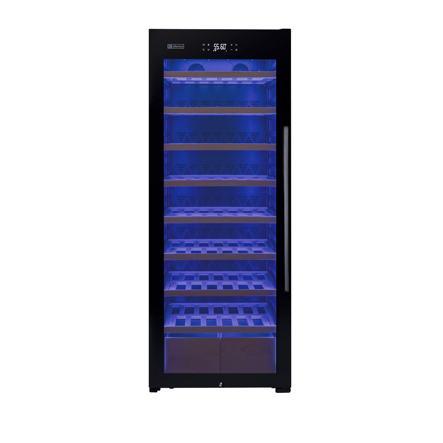 Allavino 29" Wide 248 Bottle Single Zone Black Glass Left Hinge Wine Refrigerator with Display Shelving