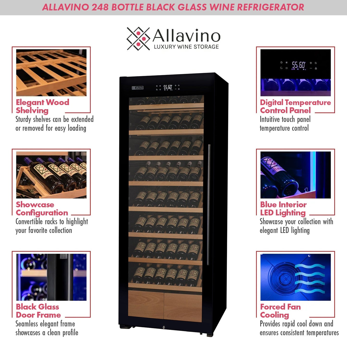 Allavino 29" Wide 248 Bottle Single Zone Black Glass Left Hinge Wine Refrigerator with Display Shelving