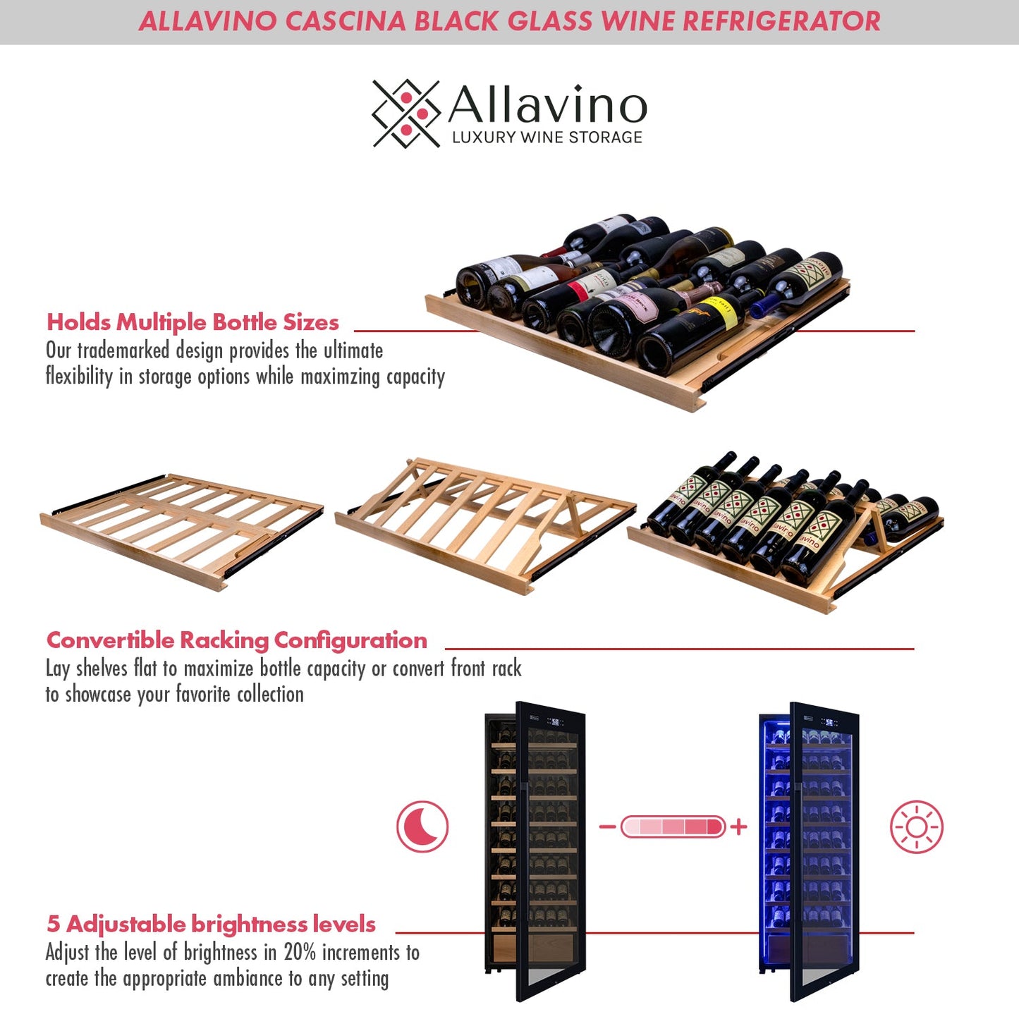 Allavino 29" Wide 248 Bottle Single Zone Black Glass Left Hinge Wine Refrigerator with Display Shelving