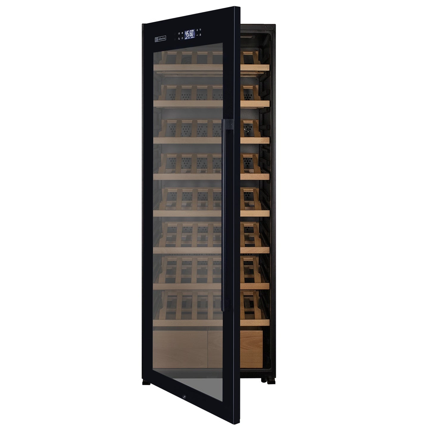 Allavino 29" Wide 248 Bottle Single Zone Black Glass Left Hinge Wine Refrigerator with Display Shelving