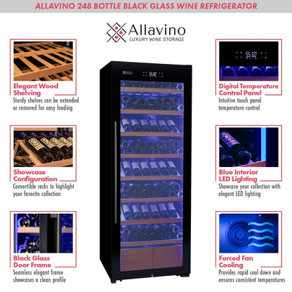 Allavino 29" Wide 248 Bottle Single Zone Black Glass Right Hinge Wine Refrigerator with Display Shelving