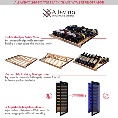 Allavino 29" Wide 248 Bottle Single Zone Black Glass Right Hinge Wine Refrigerator with Display Shelving